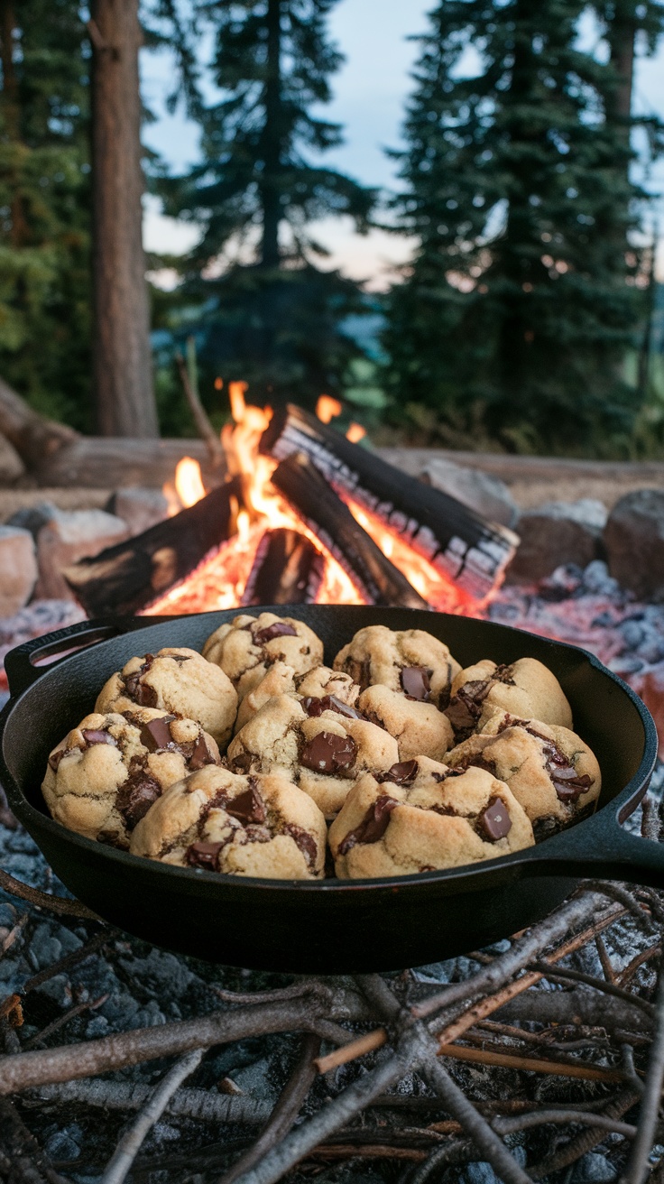 A cast iron skillet with gooey chocolate chunk cookies beside a campfire in a forest setting.